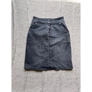 NWT Prana gray dark denim skirt with button fly, four pockets, and split on back